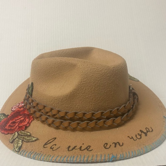 Accessories - Women's Tan Felt Fedora Hat with Rose Embroidery